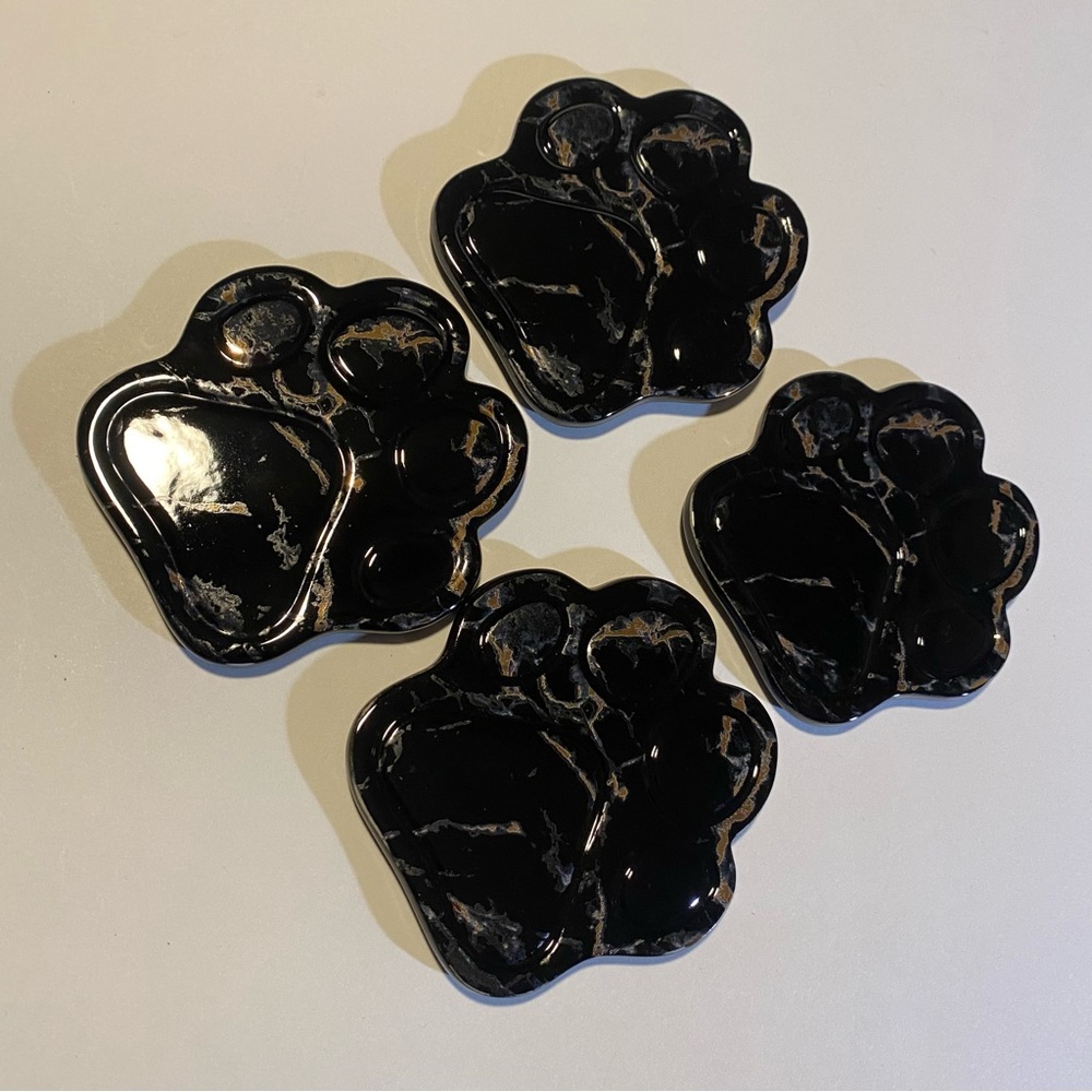 Doghaus set of 4 Black/Gold ceramic paw 🐾print coasters, cork bottom NIP Nice!